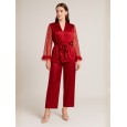 بجامة لانجري ثلاث قطع مع روب لون أحمر