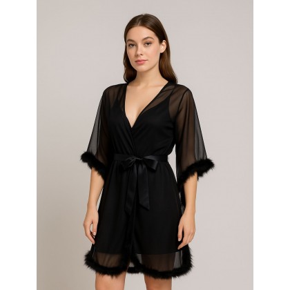 طقم لانجري قميص نوم مع روب لون أسود