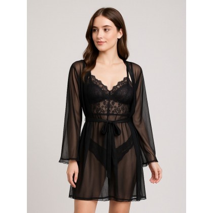 طقم لانجري قميص نوم مع روب لون أسود