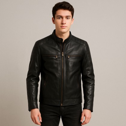 جاكيت جلد طبيعي رجالي لون أسود
