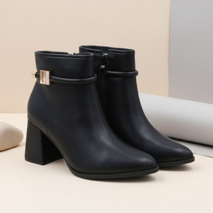 حذاء ستاتي كعب طويل بسحاب بتصميم متوسط الطول لون أسود