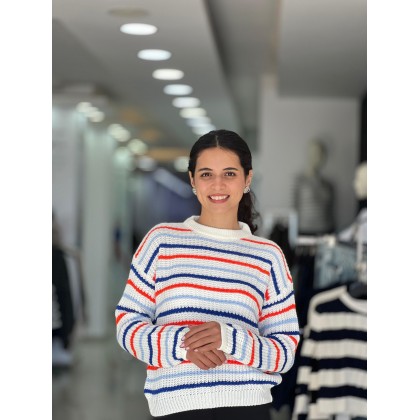 بلوزة ستاتي شتوي لون أبيض مخطط