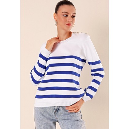 بلوزة ستاتي لون أبيض مخطط نيلي