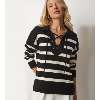 بلوزة ستاتي لون أسود مخطط أبيض Happiness İstanbul