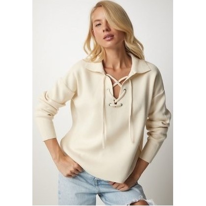 بلوزة ستاتي شتوي لون بيج فاتح Happiness İstanbul