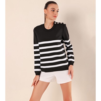 بلوزة ستاتي لون أسود مخطط أبيض Bigdart