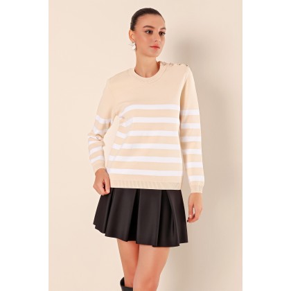 بلوزة ستاتي لون بيج مخطط أبيض Bigdart