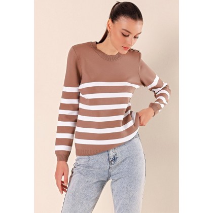 بلوزة ستاتي شتوي لون بيج مخطط أبيض Bigdart