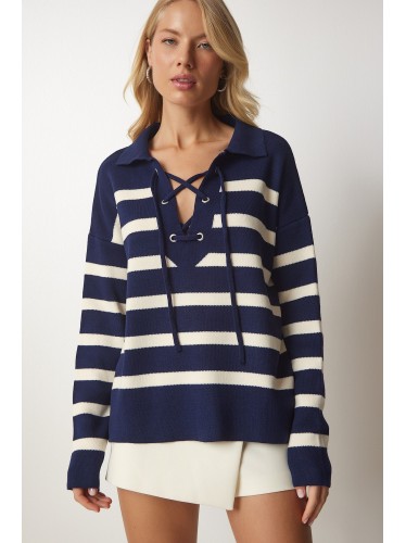 بلوزة ستاتي شتوي لون كحلي مخطط أبيض Happiness İstanbul