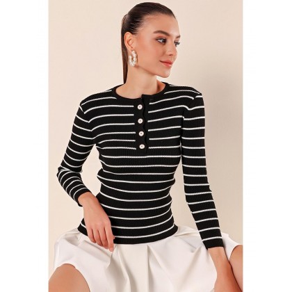 بلوزة ستاتي أسود مخطط أبيض