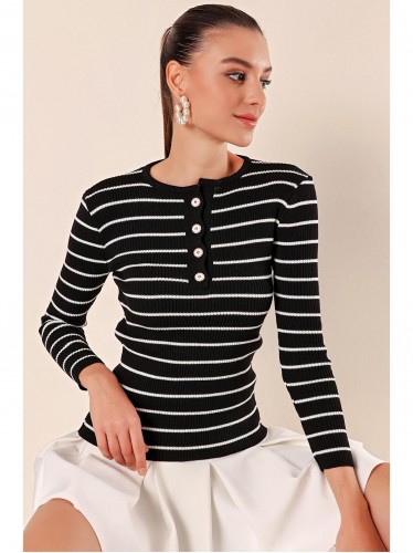 بلوزة ستاتي أسود مخطط أبيض Bigdart