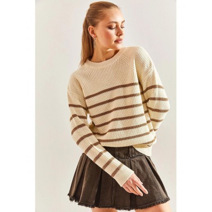 بلوزة ستاتي شتوي لون بيج فاتح مهطط بيج غامق SHADE