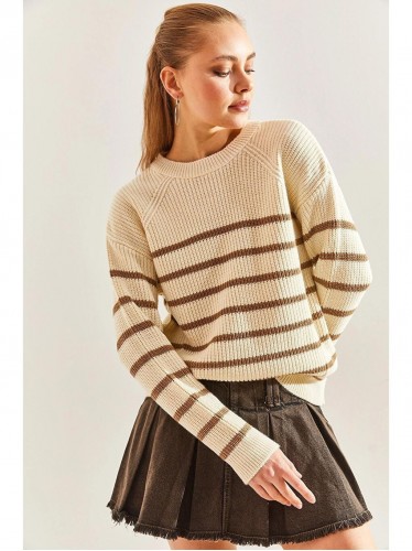 بلوزة ستاتي شتوي لون بيج فاتح مهطط بيج غامق SHADE