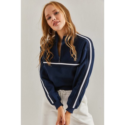 بلوزة ستاتية كم لون كحلي مخطط أبيض