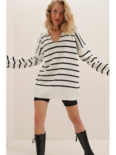 بلوزة ستاتي شتوي لون أبيض مخطط أسود Trend Alaçatı Stili