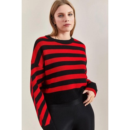 بلوزة ستاتي شتوي مخطط لون أحمر وأسود
