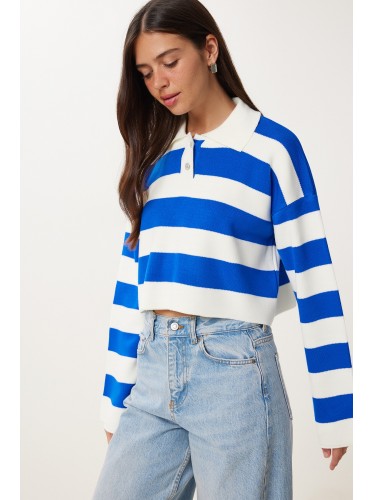 بلوزة ستاتي لون أبيض مخطط نيلي Happiness İstanbul