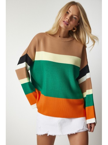 بلوزة شتوية باللون البيج الغامق والاصفر والاورنج والاخضر One Size