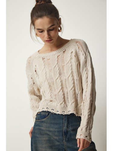 بلوزة شتوية صوف باللون البيج مخرمة One Size