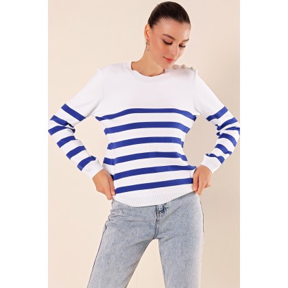 بلوزة باللون الابيض ومخططة باللون النيلي One Size