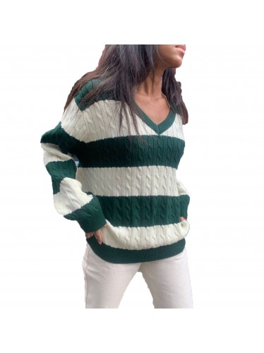 بلوزة صوف ستوي باللون الزيتي والايفوري One Size