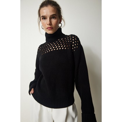 بلوزة صوف ثقيلة مع قبة هاينيك باللون الاسود One Size