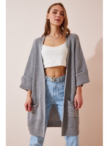 جاكيت صوف طويل مفتوح باللون السكني One Size