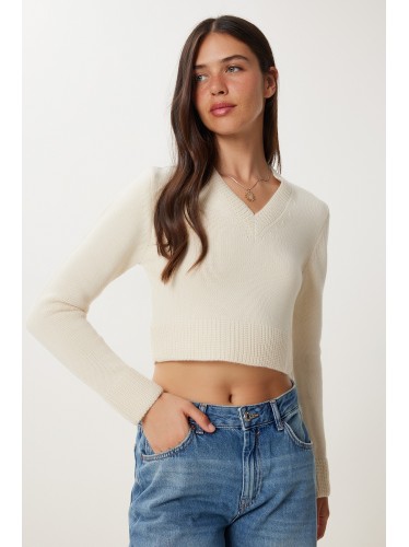 بلوزة صوف قصيرة سادة باللون الايفوري