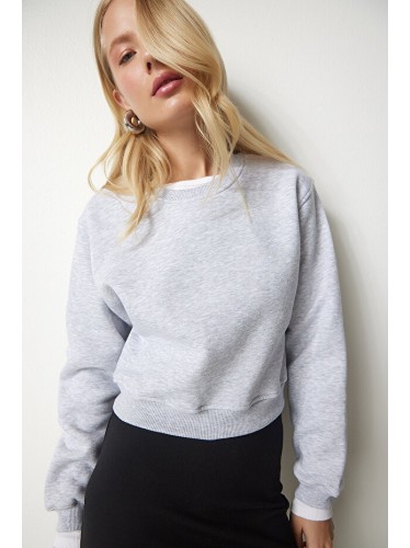 سويت شيرت نسائي قصير بقماش ميلانج رمادي – Happiness İstanbul