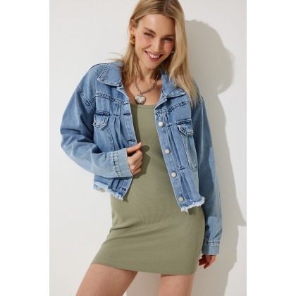 جاكيت جينز نسائي أزرق متوسط بدون درزات مع جيوب واسعة – Happiness İstanbul