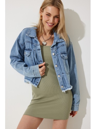 جاكيت جينز نسائي أزرق متوسط بدون درزات مع جيوب واسعة – Happiness İstanbul