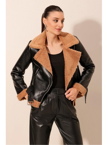 جاكيت ستاتي شتوي جلد لون اسود بطانة فرو لون بني