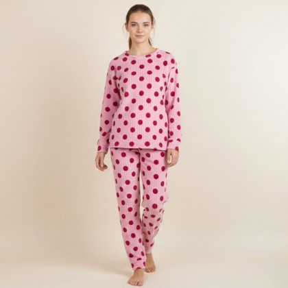 بيجامة صوف للنساء لون زهري فاتح بتصميم دوائر