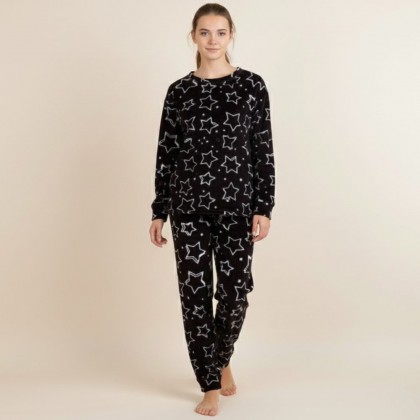بيجامة صوف للنساء لون أسود بتصميم نجوم