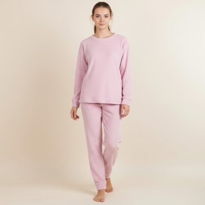 بجامة فرو بأكمام طويلة مخطط طولي للنساء لون زهري فاتح