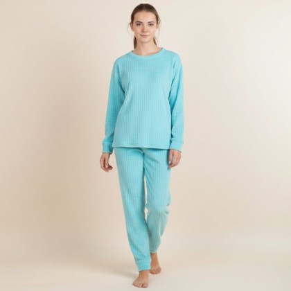 بجامة فرو بأكمام طويلة مخطط طولي للنساء لون تركواز