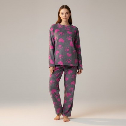 بيجامة صوف للنساء لون سكني بتصميم آثار أقدام