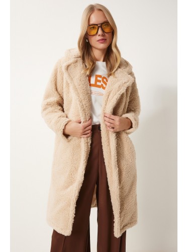 جاكيت ستاتي شتوي صوف طويل لون سكري