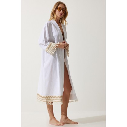 جاكيت ستاتي طويل لون أبيض نقشة بيج