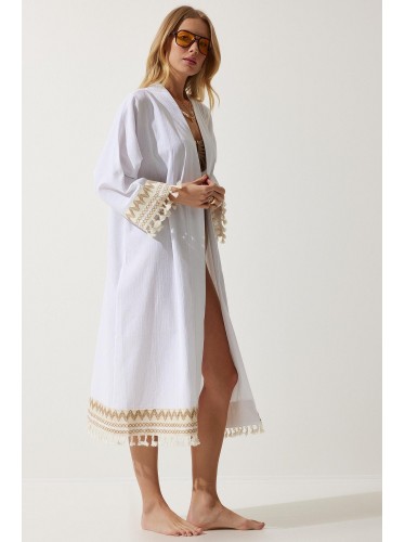 جاكيت ستاتي طويل لون أبيض نقشة بيج