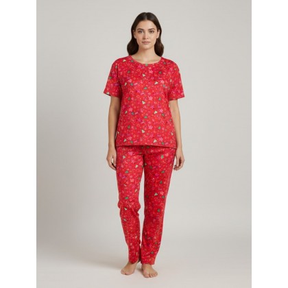 بجامة ستاتي مورد مكونه من قطعتين بنطلون وتيشيرت قطني لون أحمر