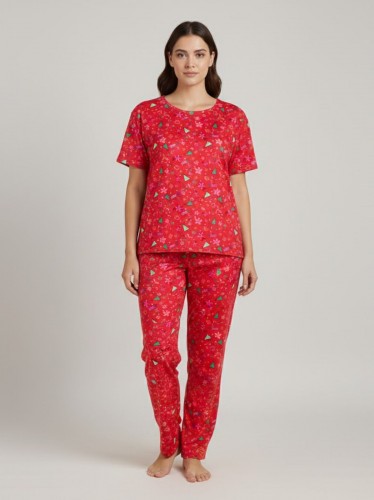 بجامة ستاتي مورد مكونه من قطعتين بنطلون وتيشيرت قطني لون أحمر