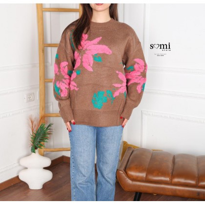 بلوزة صوف بتصميم رسومات ستاتي لون بني