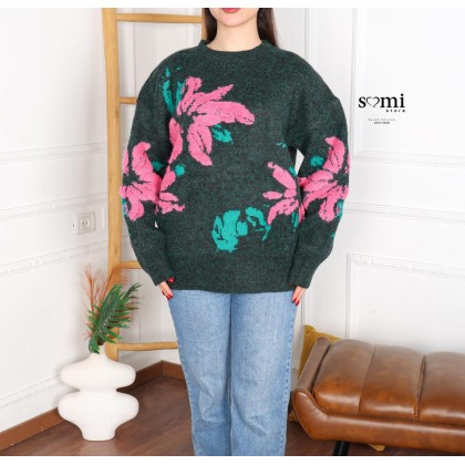 بلوزة صوف بتصميم رسومات ستاتي لون زيتي