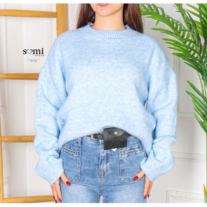 بلوزة صوف بأكمام طويلة وقبة دائرية One Size للنساء لون أزرق