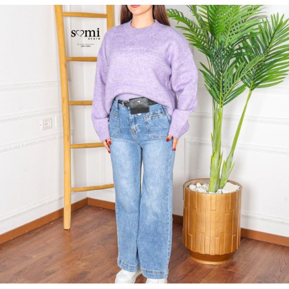 بلوزة صوف بأكمام طويلة وقبة دائرية One Size للنساء لون نهدي