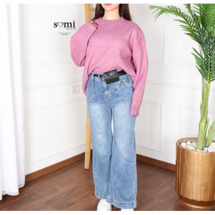 بلوزة صوف بأكمام طويلة وقبة دائرية One Size للنساء لون فوشي