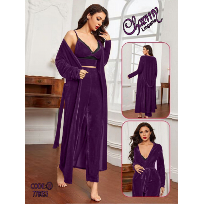 طقم لانجري مخمل ملوكي ثلاث قطع للنساء لون بنفسجي