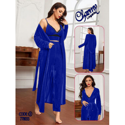 طقم لانجري مخمل ملوكي ثلاث قطع للنساء لون أزرق