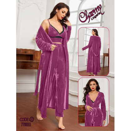 طقم لانجري مخمل ملوكي ثلاث قطع للنساء لون زهري